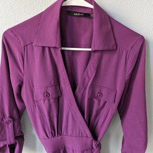 Purple wrap dress with pockets.